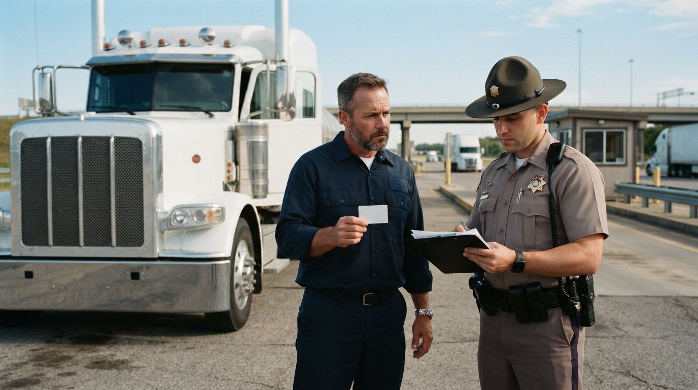 Truck driver in navy uniform holds a commercial driver's license while a state trooper in a tan uniform reviews paperwork…