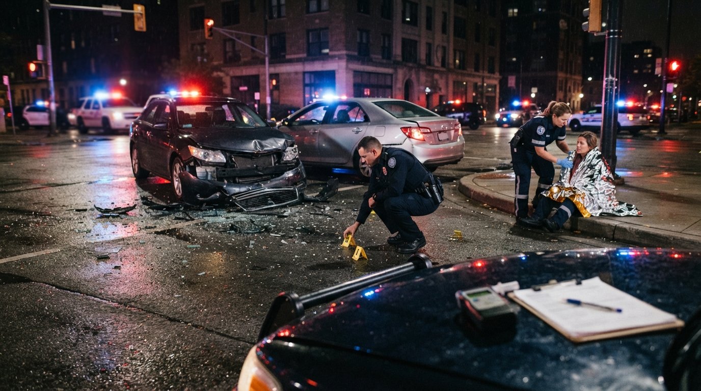 Nighttime intersection with two damaged sedans, shattered glass on wet asphalt, a police officer placing evidence markers,…