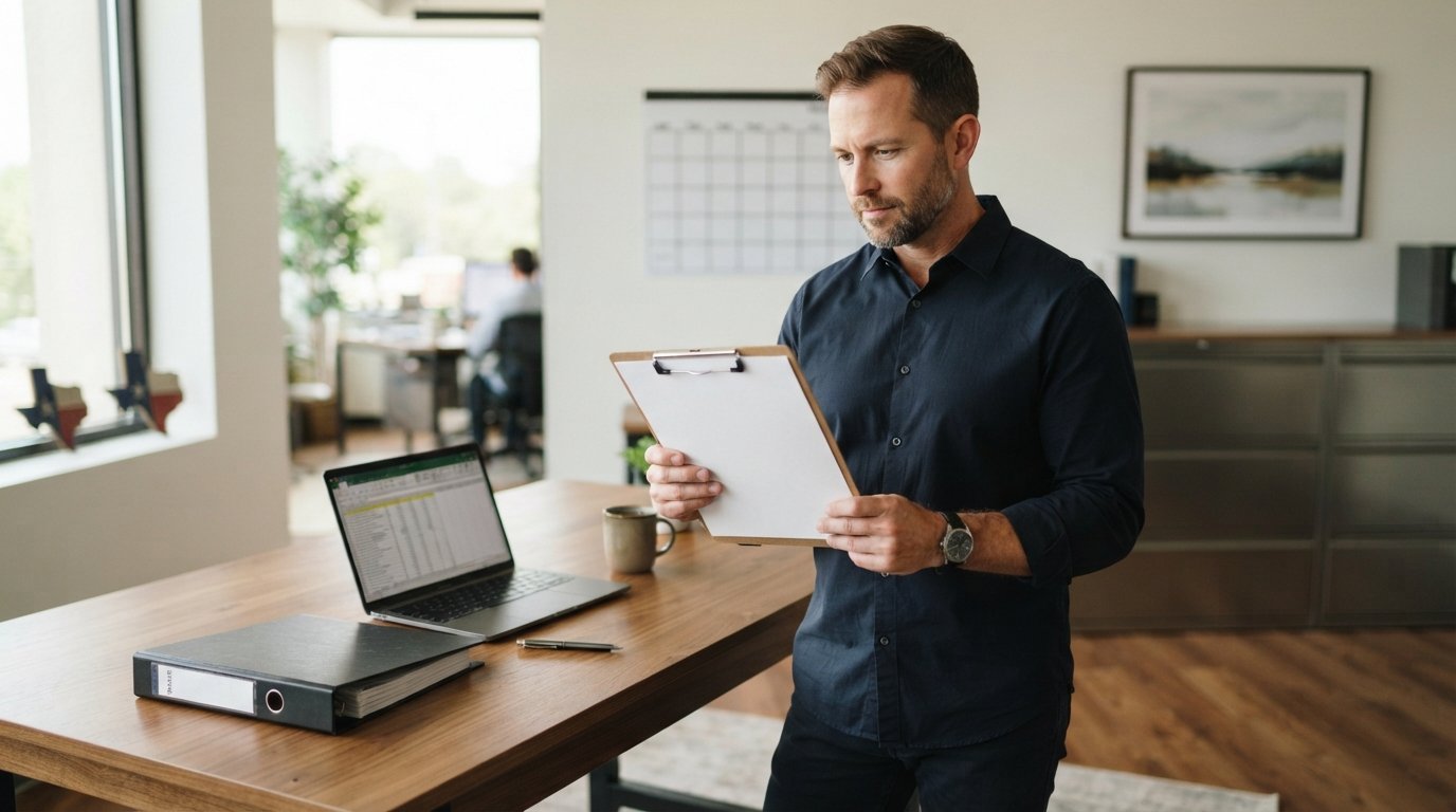 A man in a navy shirt stands in an office holding a clipboard with a blank form, with a compliance binder and laptop on the…