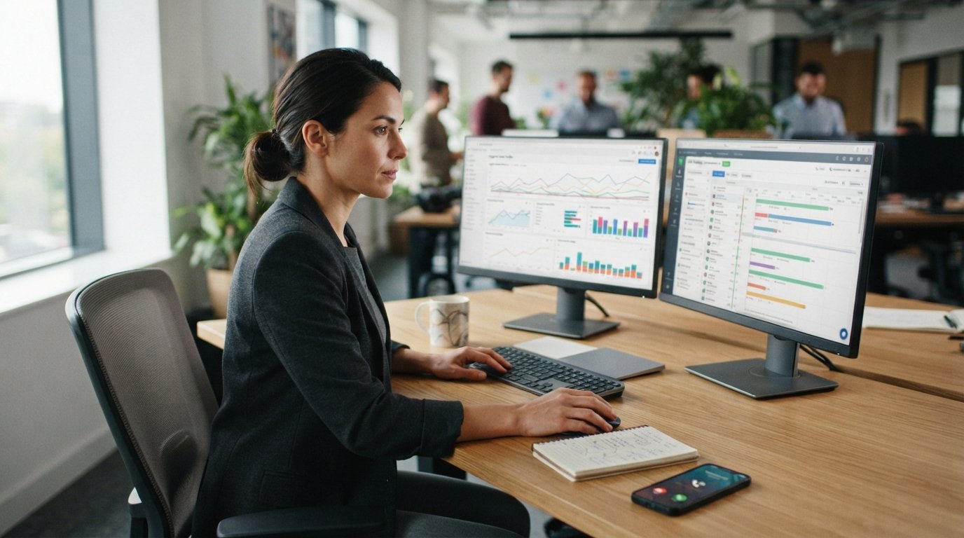 Marketing analyst at a desk with dual monitors showing search traffic graphs and a call tracking interface, smartphone…