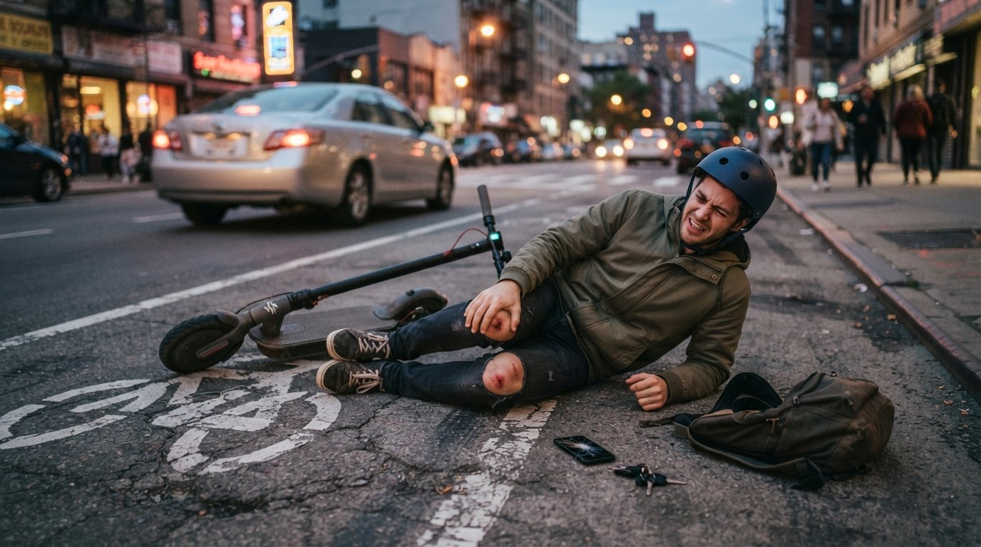 Helmeted rider grimacing beside a tipped e-scooter on cracked pavement at dusk, scraped knee visible, with a cracked phone…