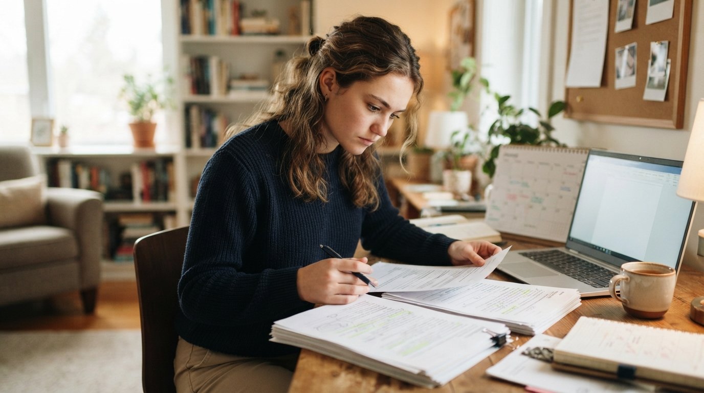 High school senior at a wooden desk reviewing two stacks of college application papers beside a laptop, calendar, and pen…