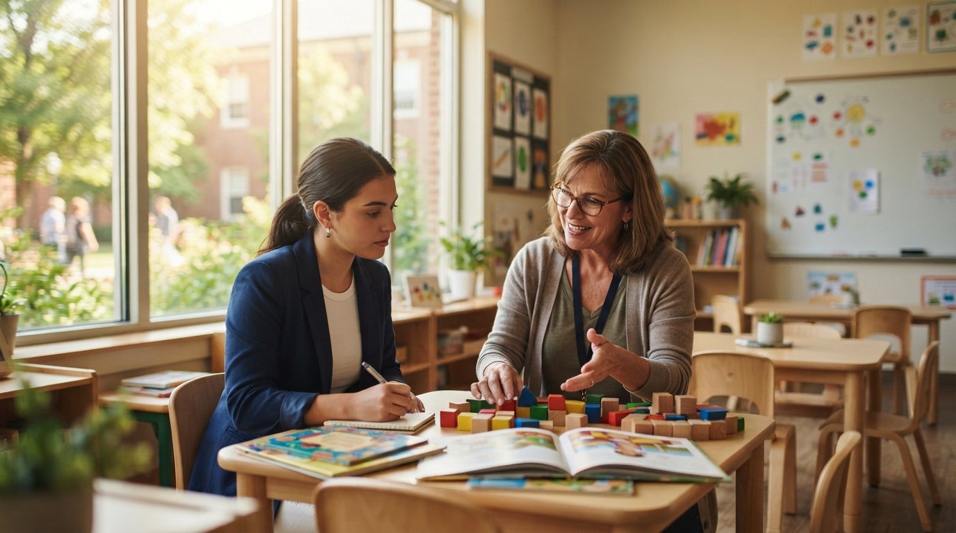 Education student in a blazer watches a teacher present a lesson at a small table with picture books and wooden blocks in a…