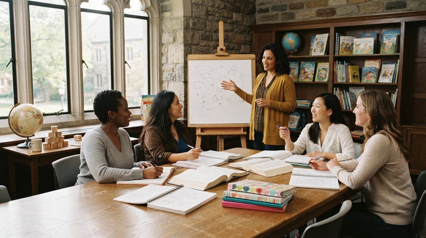 Adult educators seated around an oak table with textbooks and binders in a sunlit seminar room as a professor leads a…