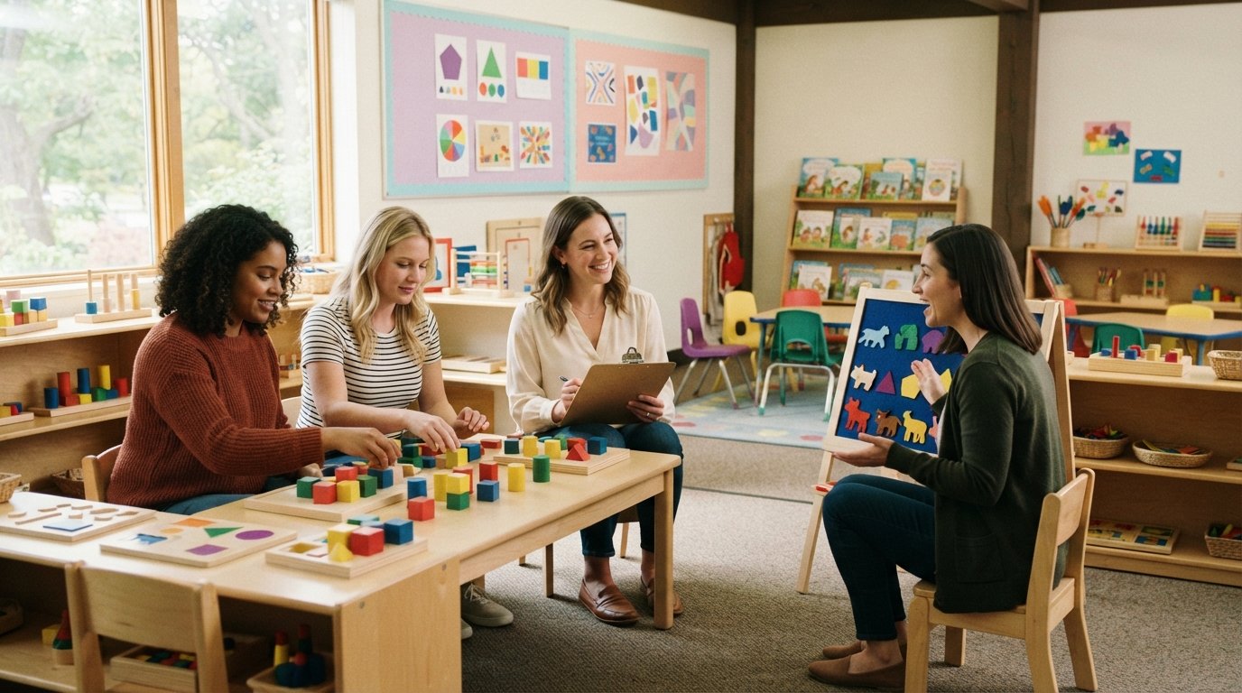 Three women at a classroom table with wooden blocks, picture books, and a felt board during an early childhood education…