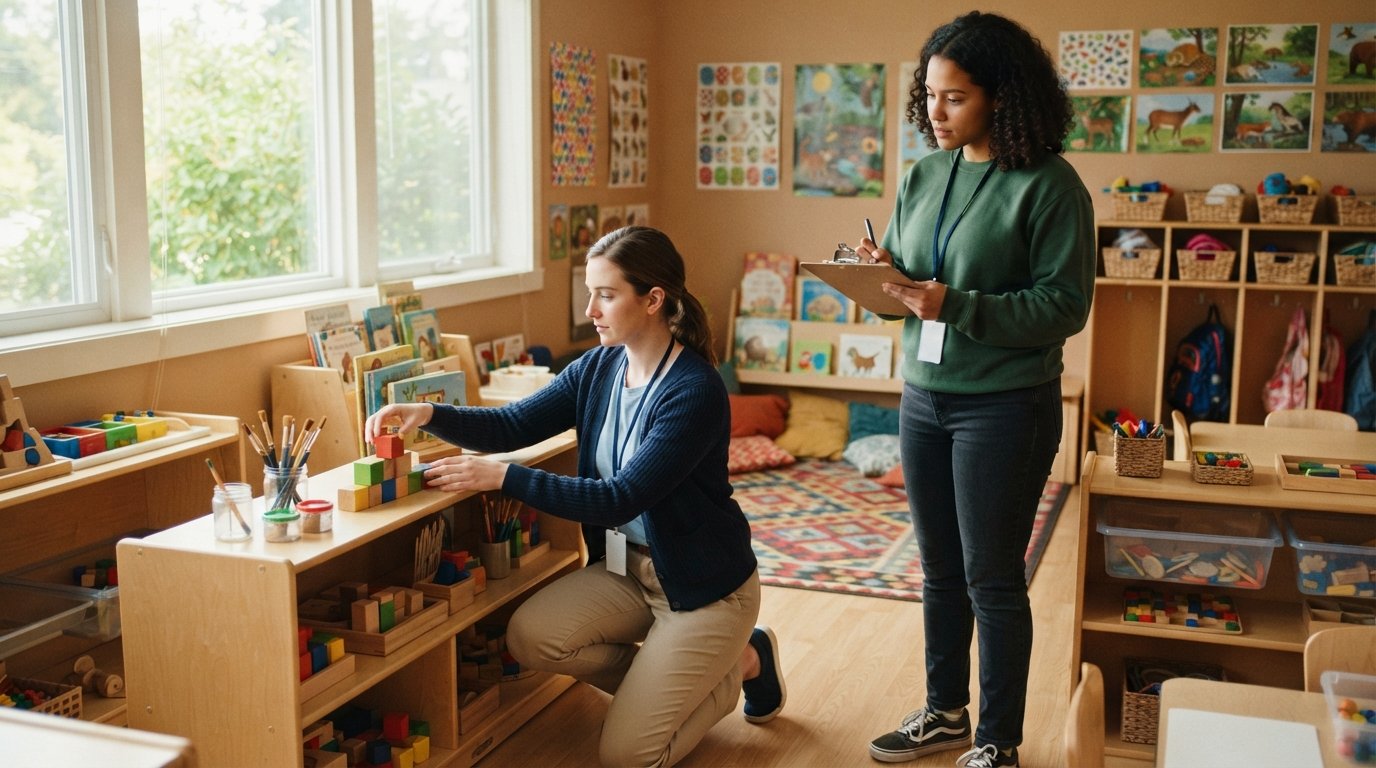 Instructor in a navy cardigan arranging wooden blocks and books on a low shelf while a student takes notes in a bright…