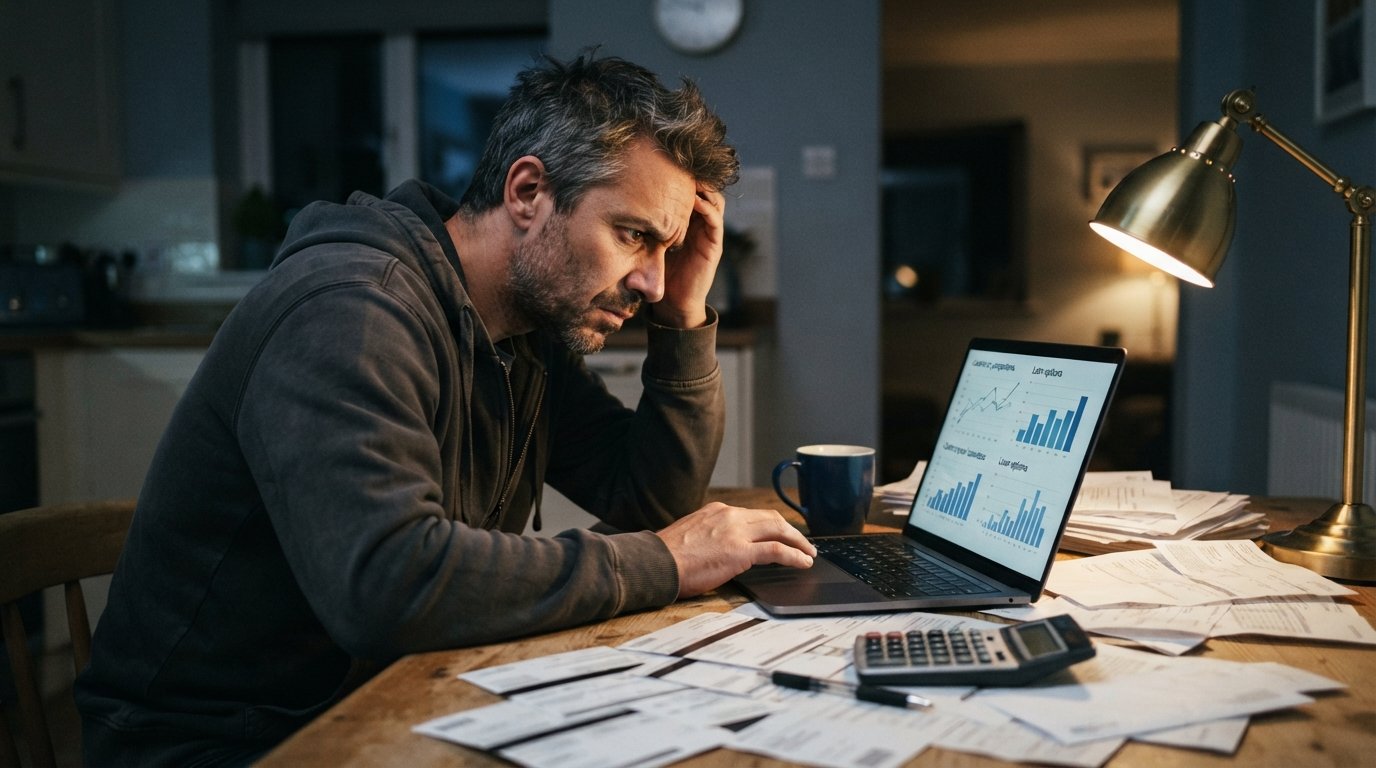 Man in his 40s reviewing credit card statements and loan options on a laptop at a kitchen table at night