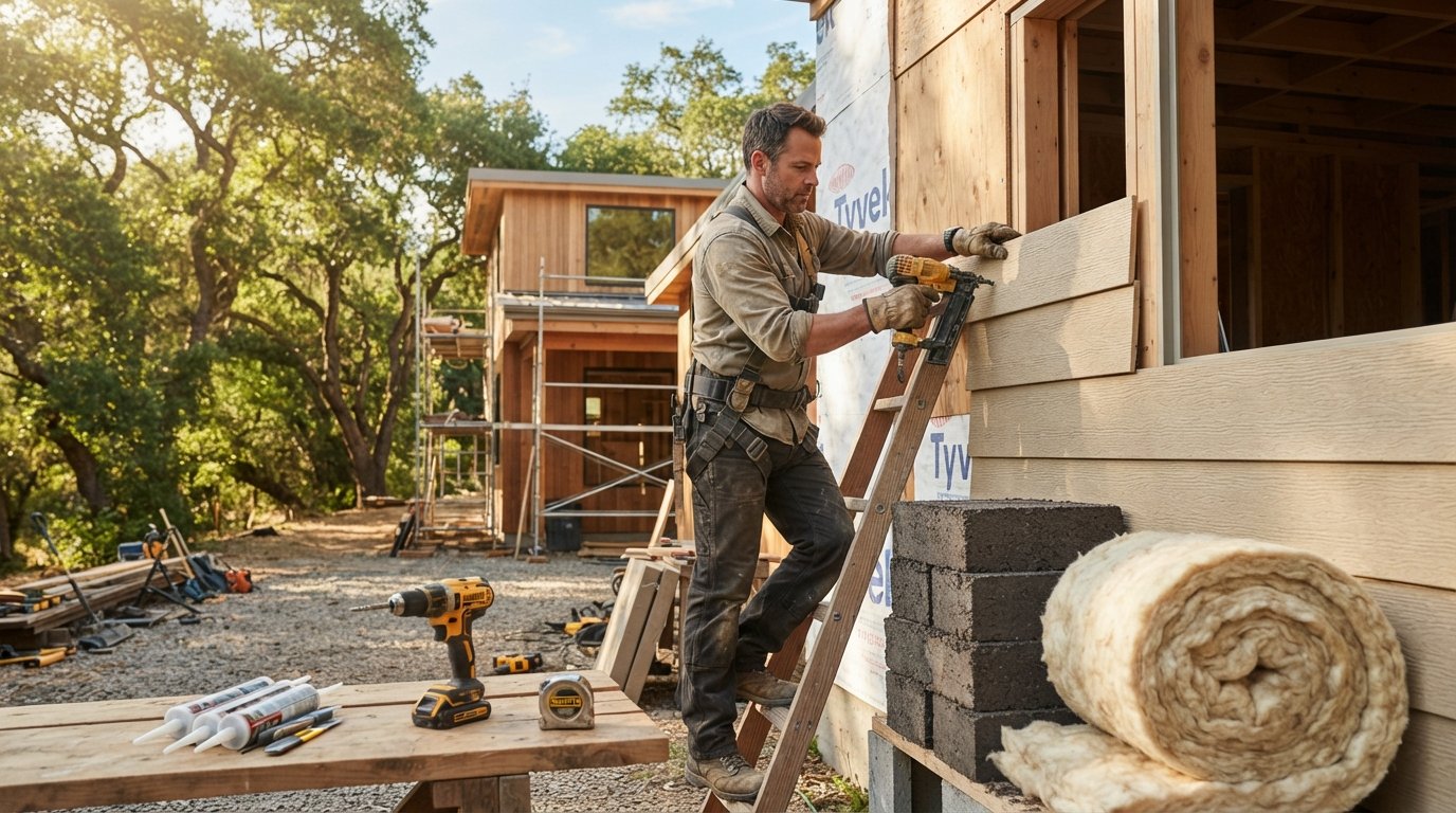 Contractor in khaki shirt and leather gloves fitting pale straw-colored recycled wood fiber siding on a home addition, with…
