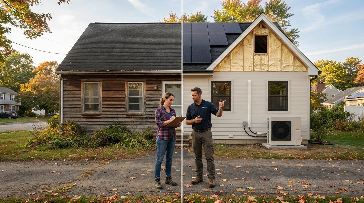 Split-view home exterior comparing drafty single-pane windows and worn siding with solar panels, spray foam insulation, and…