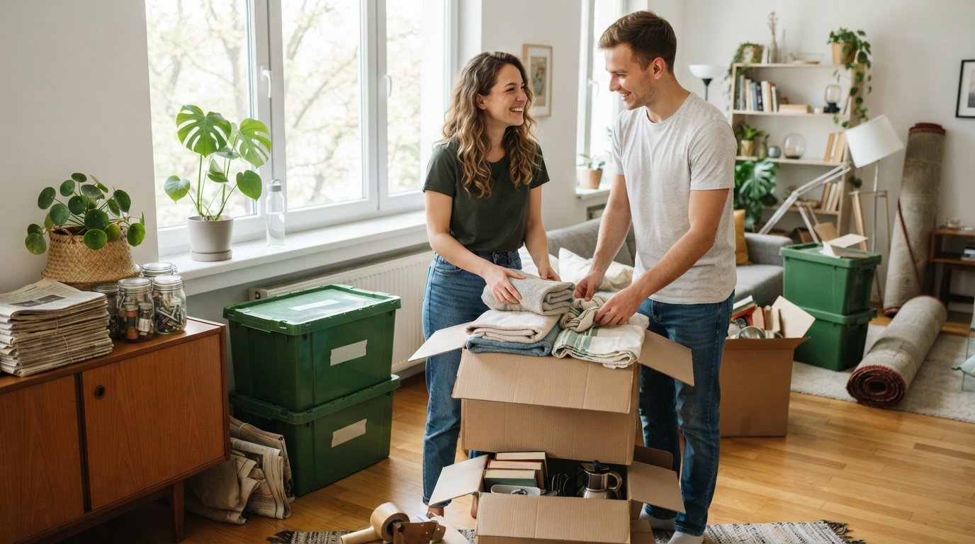 Young couple packing a cardboard box with folded towels and fabric wraps, surrounded by green plastic moving bins and paper…