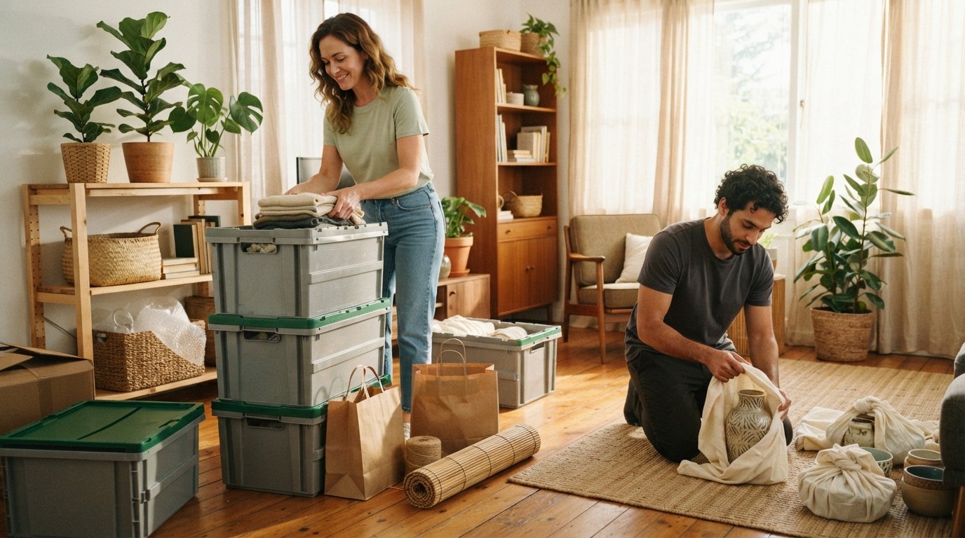 Woman packs clothes into reusable green-lidded crates while a man wraps a vase in cloth in a sunlit living room.