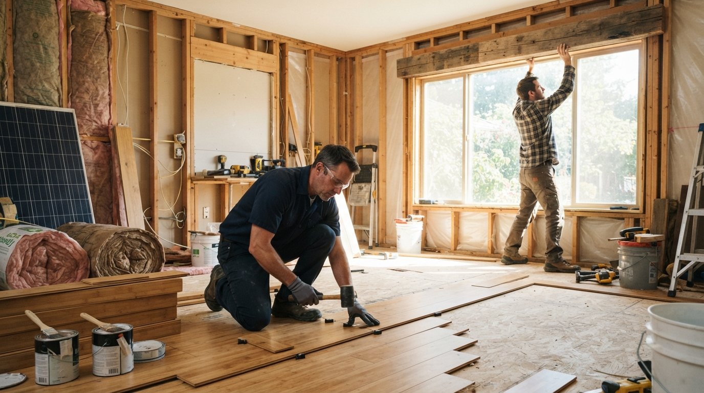 Contractor in navy shirt and safety glasses installing bamboo flooring while another worker positions a reclaimed wood beam…