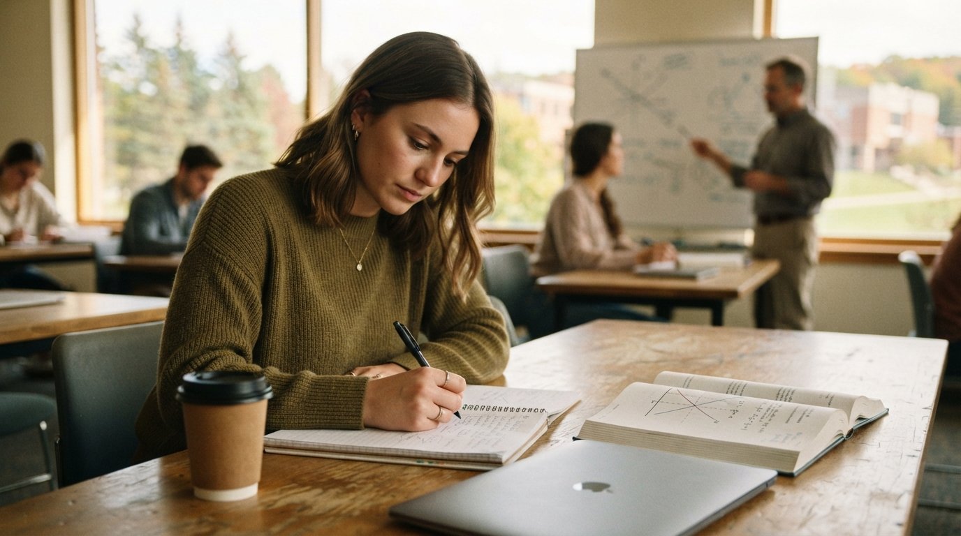 Student in a sweater takes notes beside an open economics textbook with a line graph, laptop and coffee cup on a wooden…
