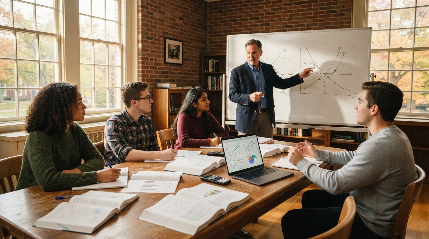 Four students around a wooden table with economics textbooks, graphs, and a laptop showing line charts as a professor…