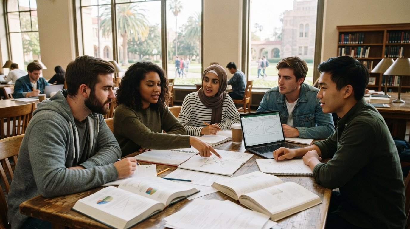 Diverse college students discuss a supply-and-demand curve sketch at a wooden table in a sunlit library, with notebooks, a…