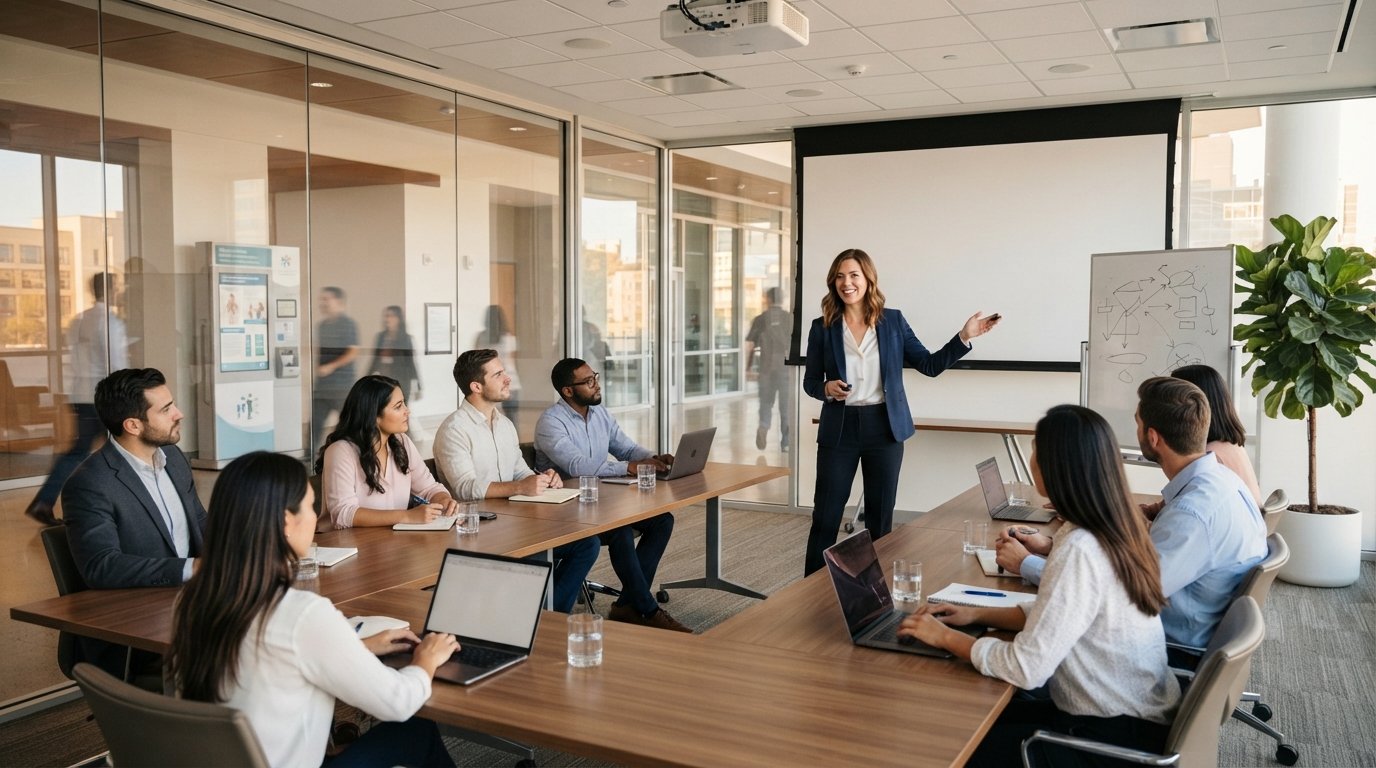 Woman in navy blazer presenting to adult professionals with laptops at tables in a glass-walled training room