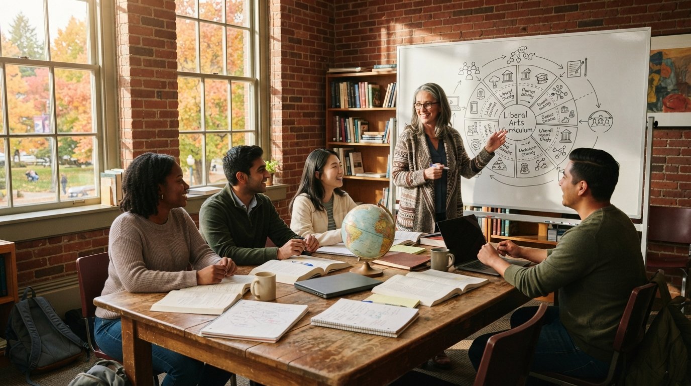 Diverse college students seated around a wooden seminar table with textbooks, notebooks, a globe, and a laptop as an…