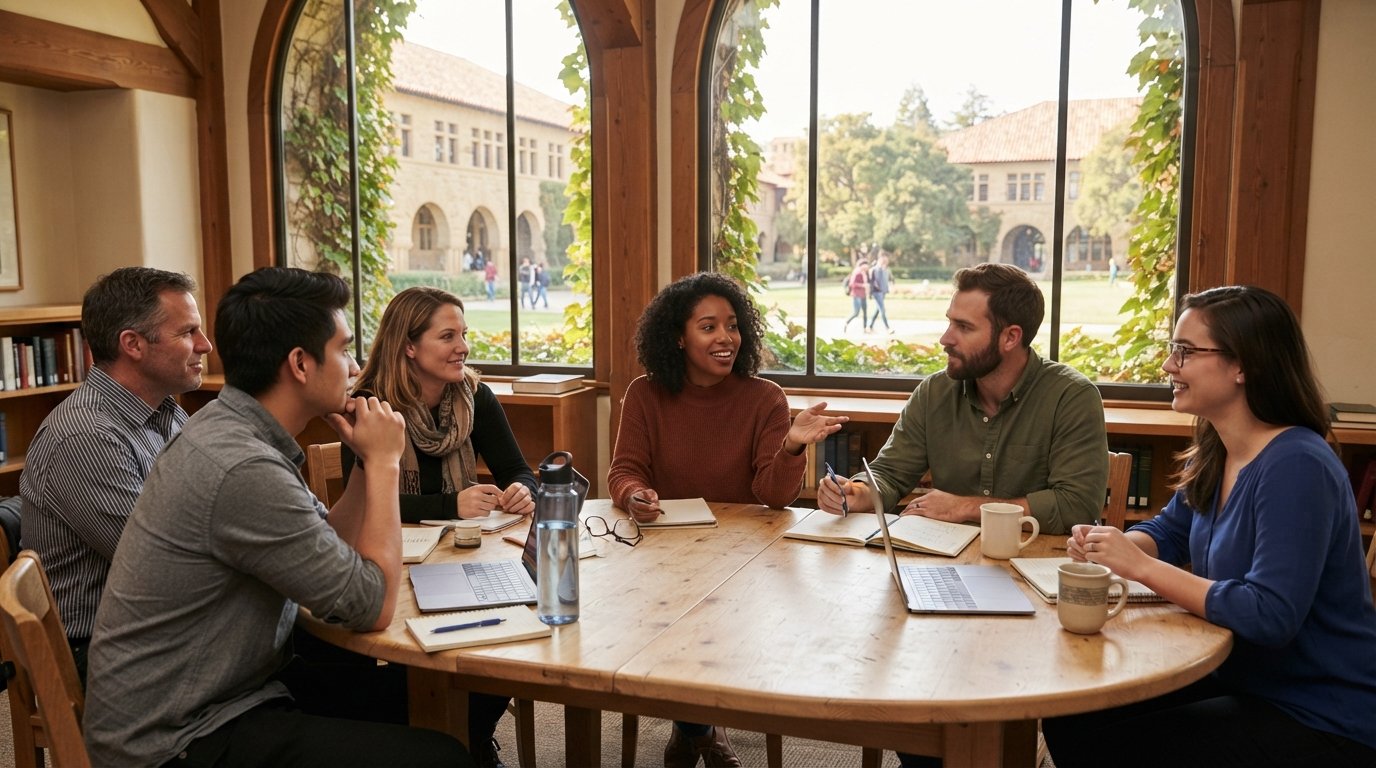 Diverse adult students around a light-wood seminar table in a sunlit classroom, one gesturing while others listen, with…