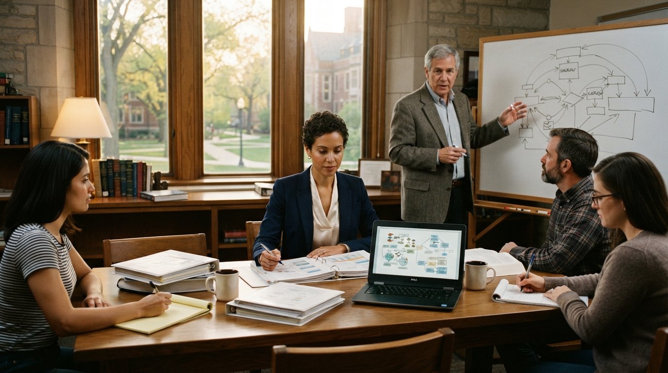 Adult learner in a navy blazer reviews curriculum binders and a laptop at a wooden seminar table while a professor gestures…