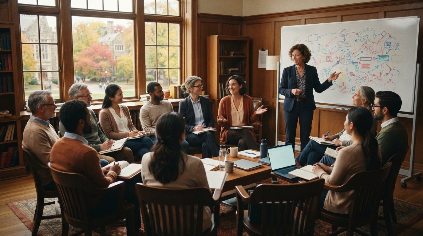 Adult students in a graduate seminar discuss with a professor beside a whiteboard in a sunlit room on Elmira College's campus