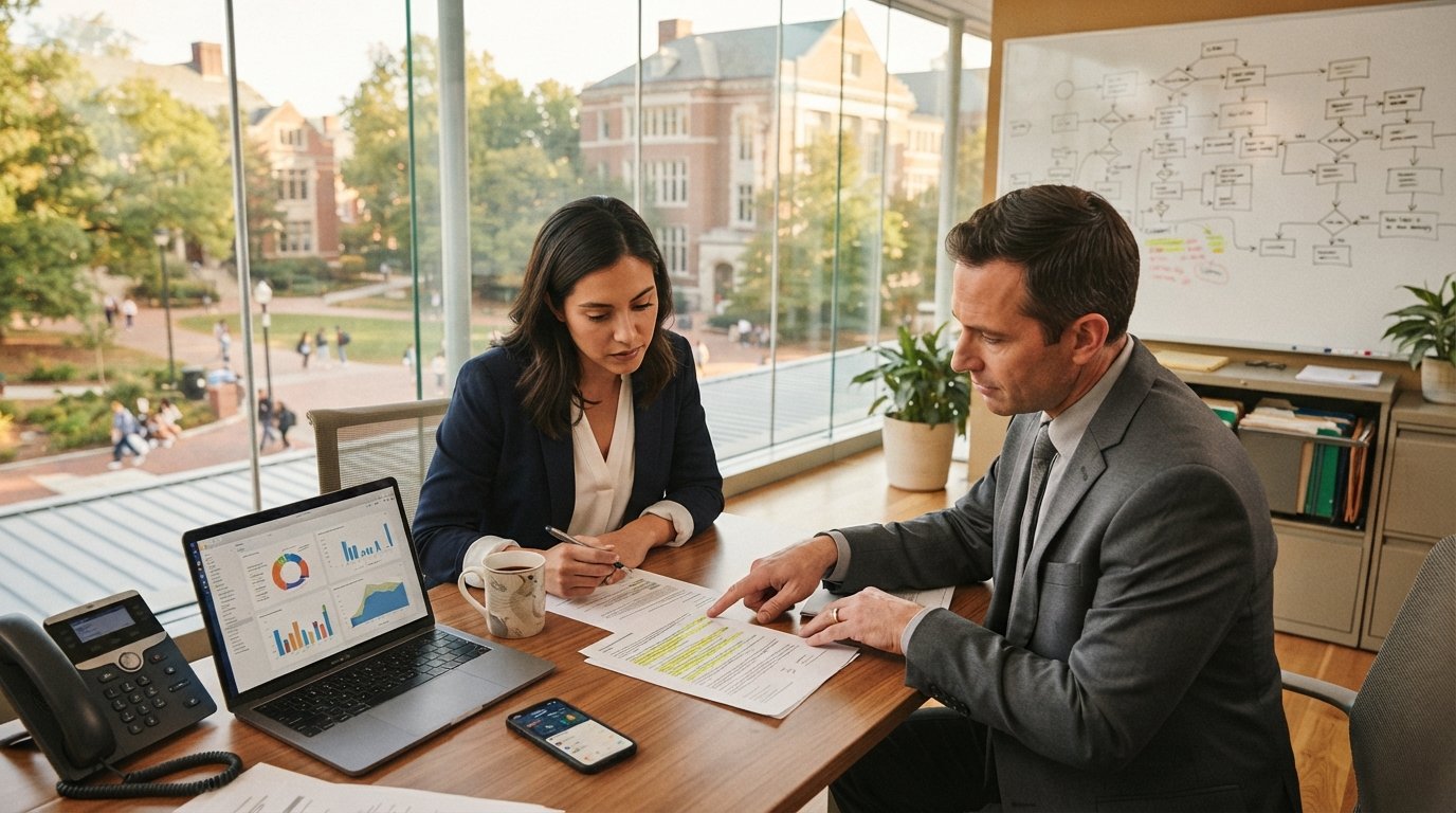 Two professionals in business attire review a printed consent form at a desk with a laptop showing call tracking…