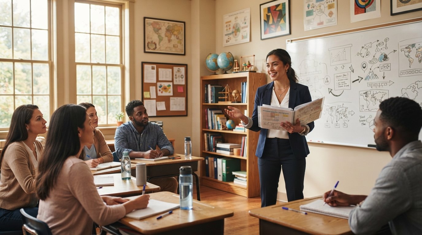Young woman in a blazer holds an open lesson plan binder beside a whiteboard as adult peers watch from wooden desks in a…