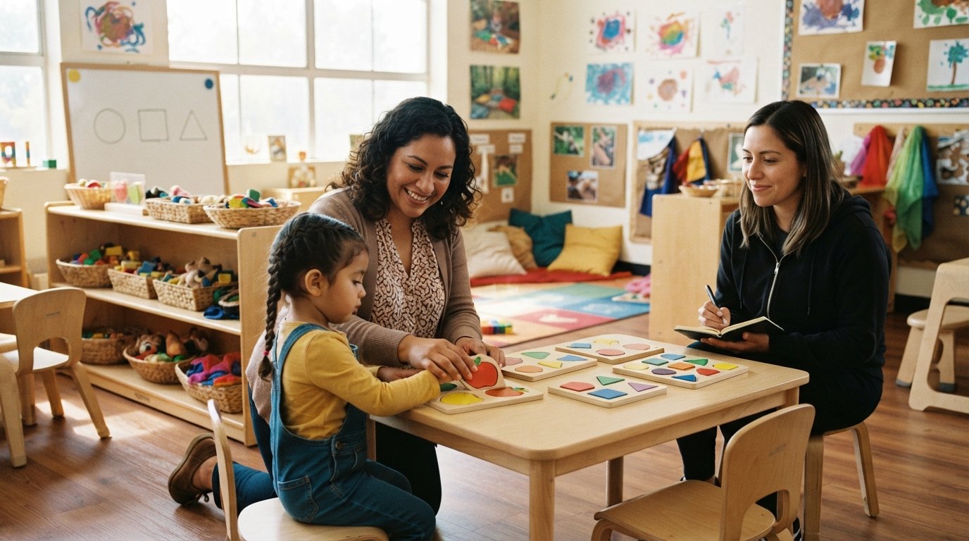 Adult student teacher guiding a young child's hands with colorful wooden puzzle pieces at a low table in a sunlit classroom…