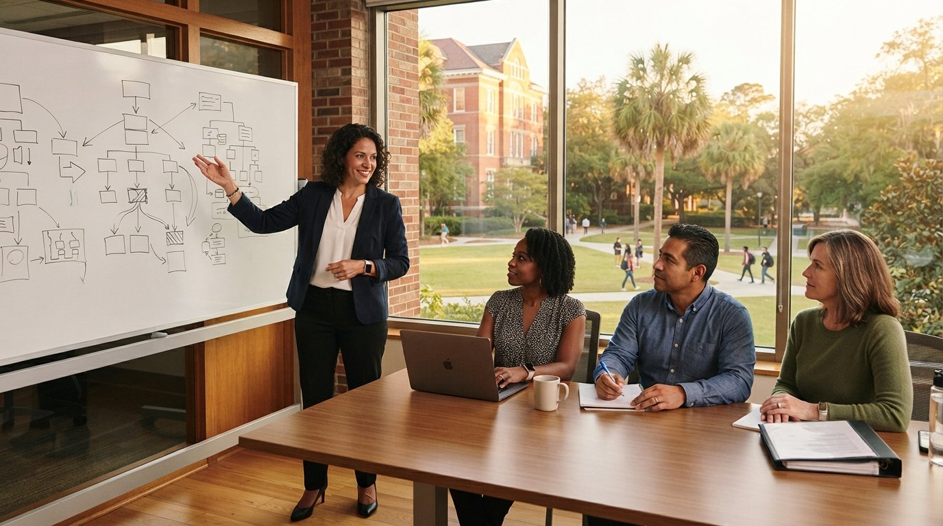 Educator in navy blazer gestures toward a whiteboard with organizational charts while three colleagues take notes on…