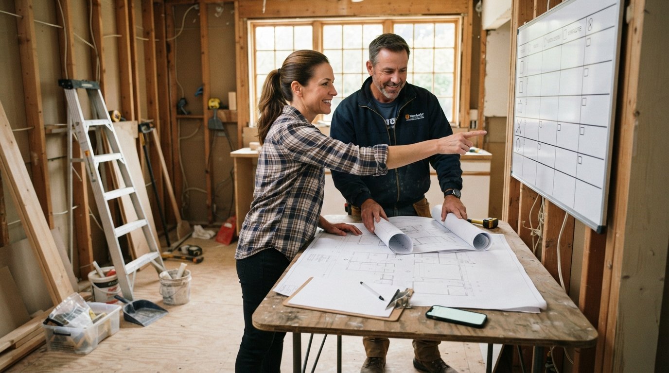 Homeowner and contractor review printed plans at a folding table in a partially renovated kitchen with exposed framing and…