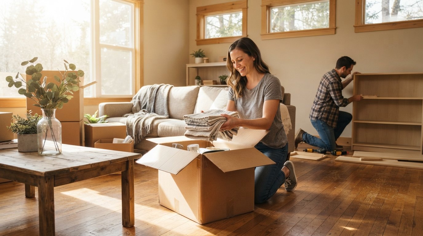 Woman kneeling beside an open cardboard box, pulling out folded kitchen towels in a sunlit living room with boxes and a man…
