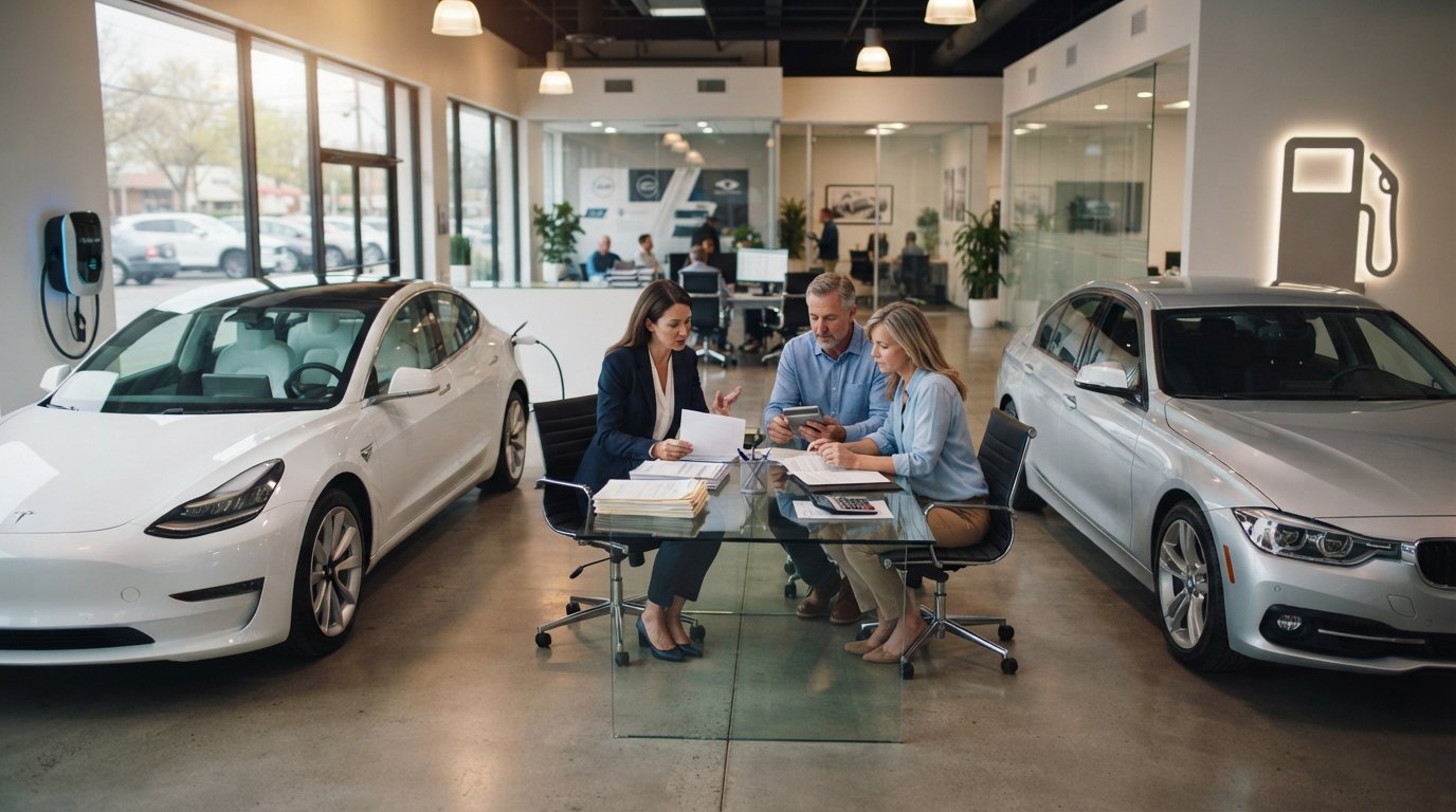 White electric car and silver gas sedan parked beside a glass desk where a loan officer reviews financing paperwork with a…