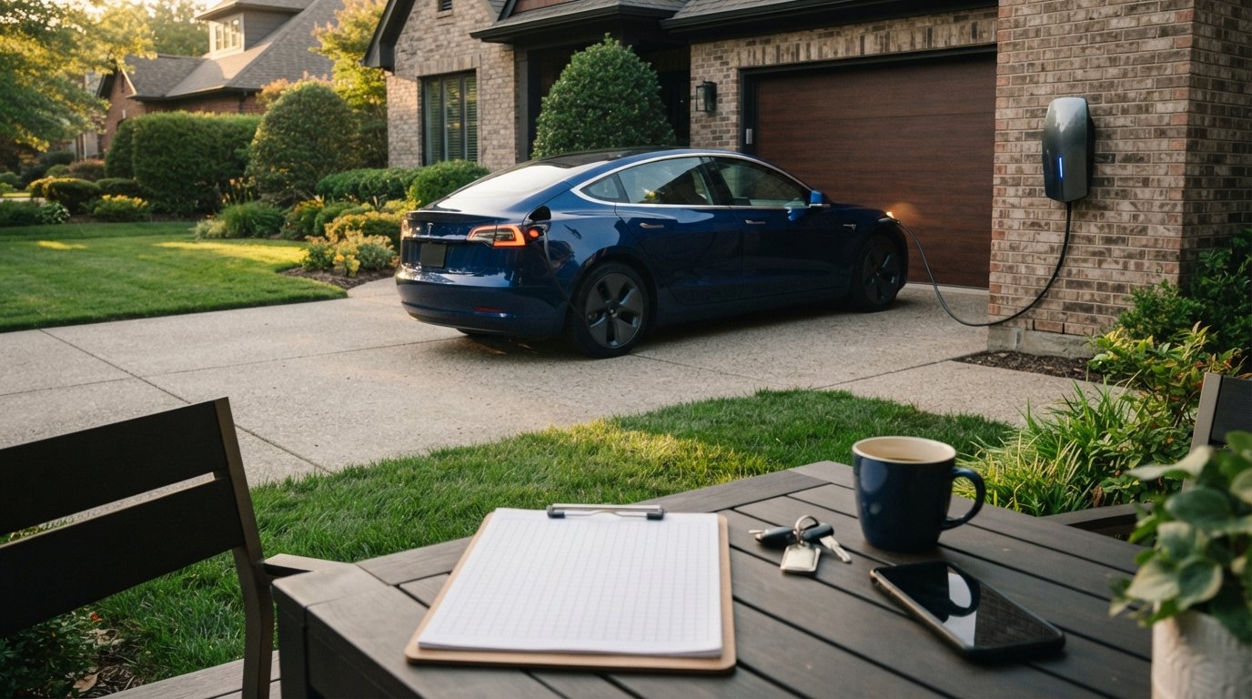 Electric car charging in a residential driveway beside a table with a clipboard, keys, coffee mug, and smartphone