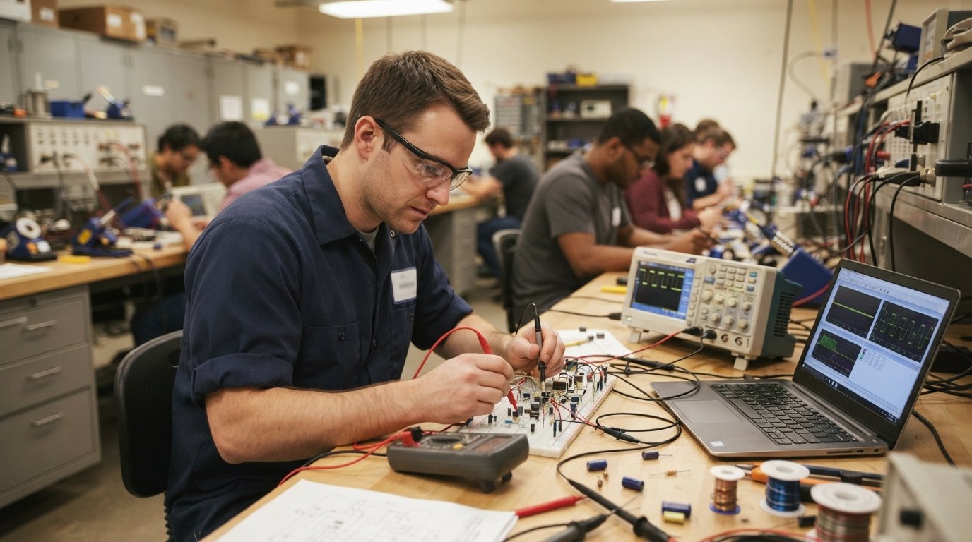 Student in safety glasses probes a breadboard circuit with a digital multimeter at a lab bench with an oscilloscope,…