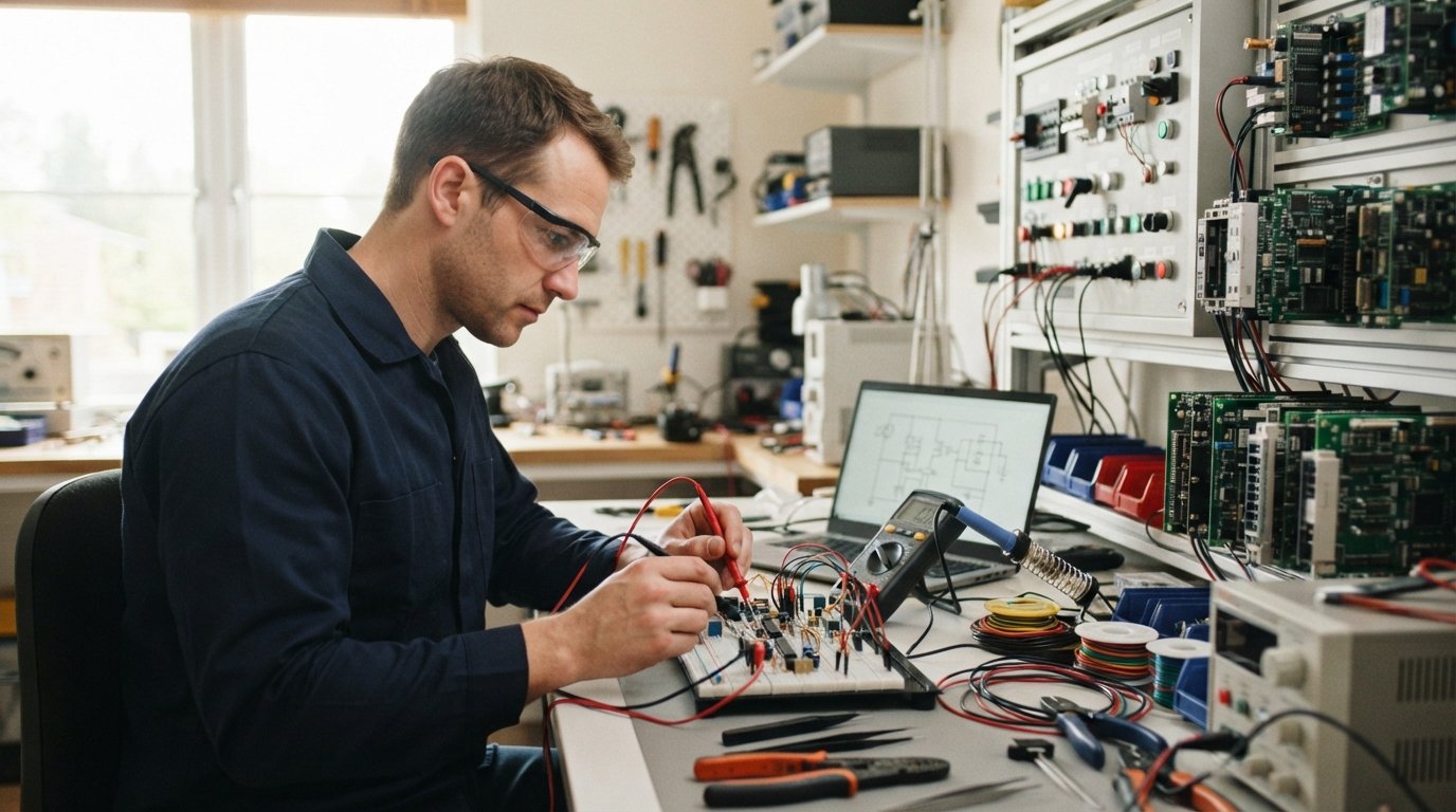 Adult student in safety glasses testing a circuit board with a digital multimeter at a workbench with wires, tools, and a…
