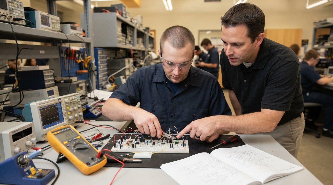 Student in safety glasses and navy work shirt connects wires on a breadboard while an instructor points at the circuit in…