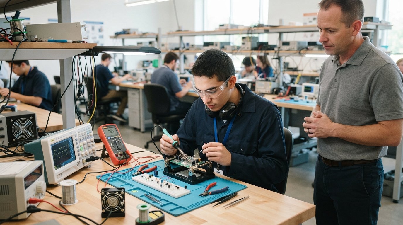 Student in safety glasses soldering a circuit board at an electronics lab bench with an oscilloscope, multimeter, and…