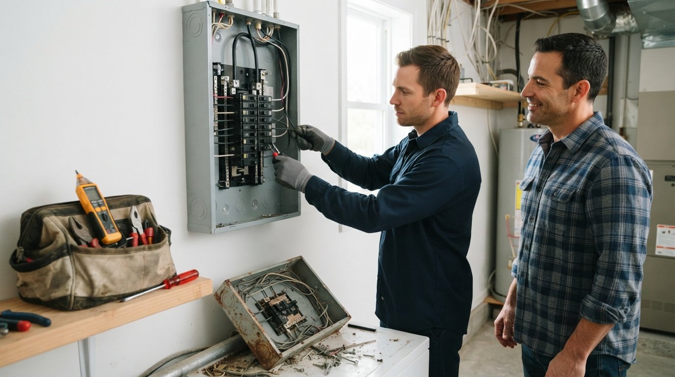Electrician in navy shirt and gloves installing a gray electrical panel with black circuit breakers while a homeowner watches