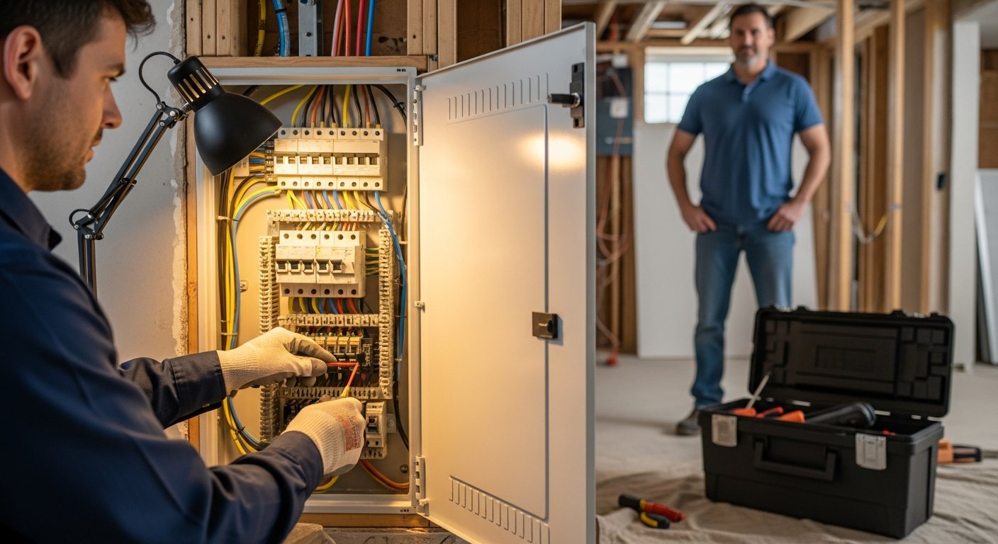 Electrician in navy shirt and gloves tightening a breaker inside an open white electrical panel in a finished basement,…