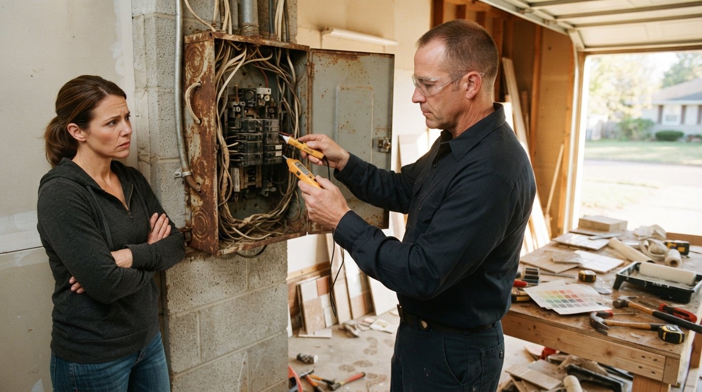 Electrician in navy work shirt and safety glasses testing a rusty electrical panel as a homeowner watches in a garage with…
