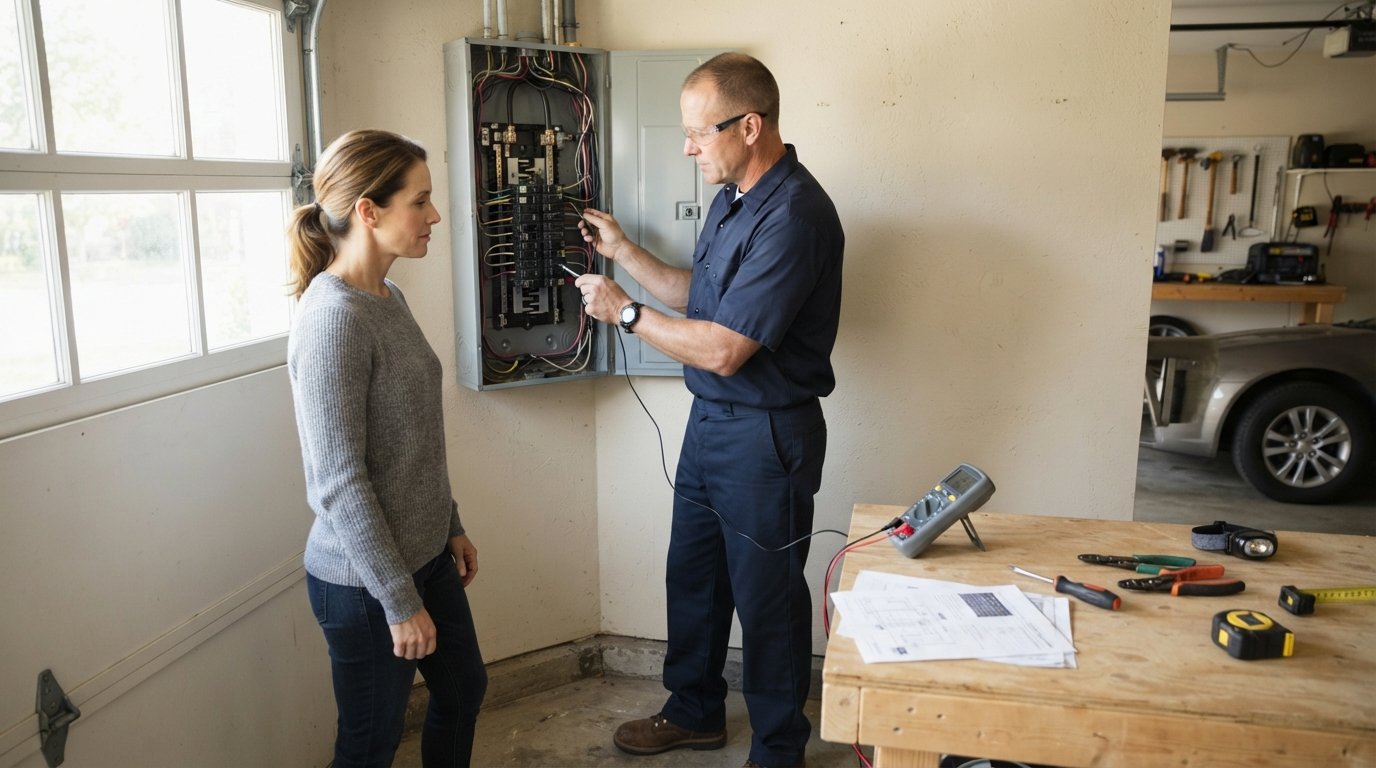 Electrician in navy uniform and safety glasses inspects an open gray electrical panel with circuit breakers and wiring in a…