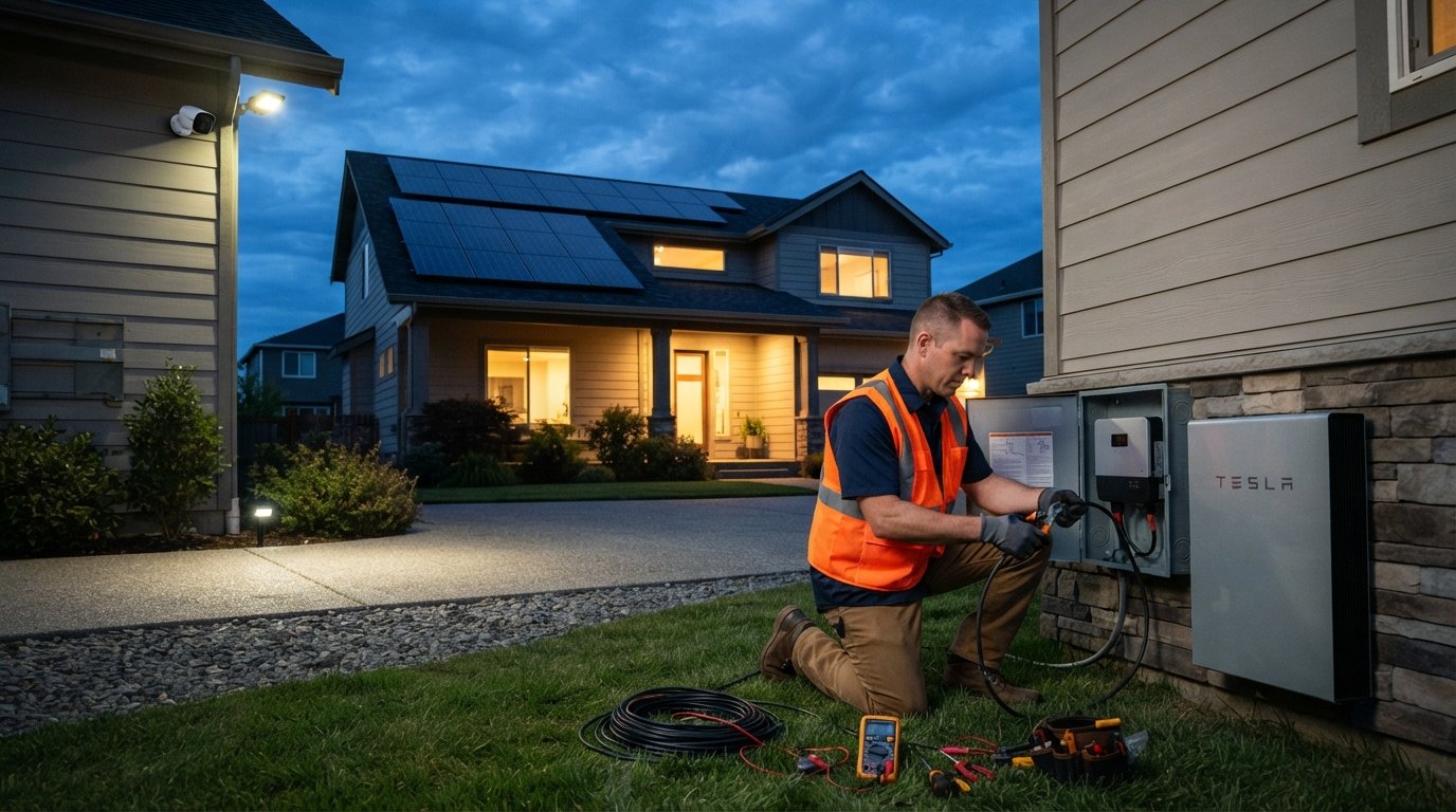 Electrician connects solar inverter cable to battery storage beside a home's exterior electrical panel, with security…