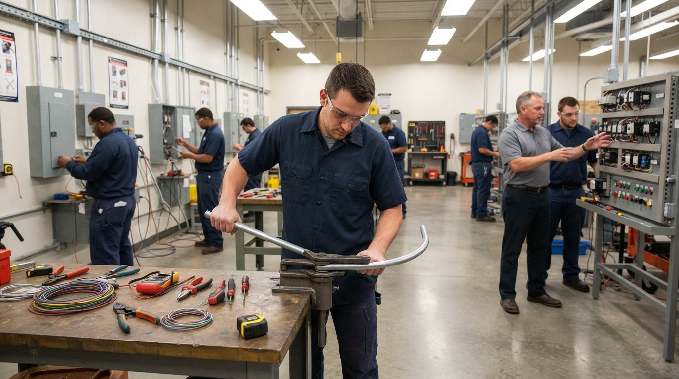 Student in navy work shirt and safety glasses bending metal conduit with a hand bender at a vocational training workbench