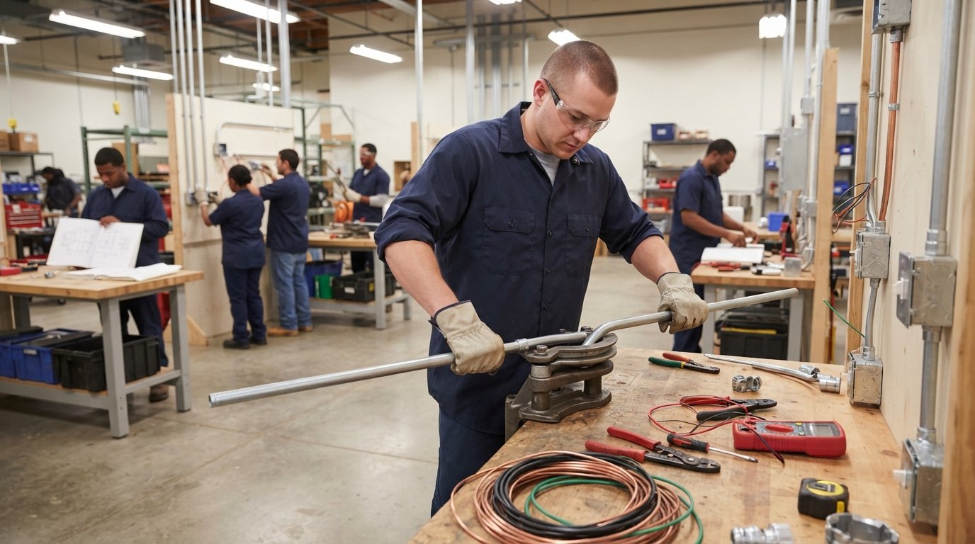 Student in safety glasses and work gloves bends metal conduit at a workbench in a community college electrical lab