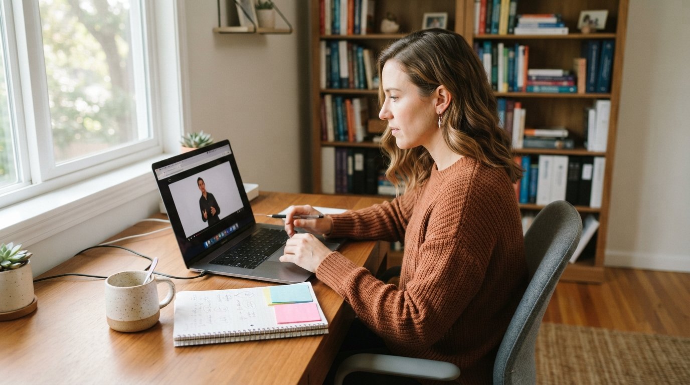 Woman studying at a wooden desk with a laptop, notebook, coffee mug, and sticky notes in a bright home office