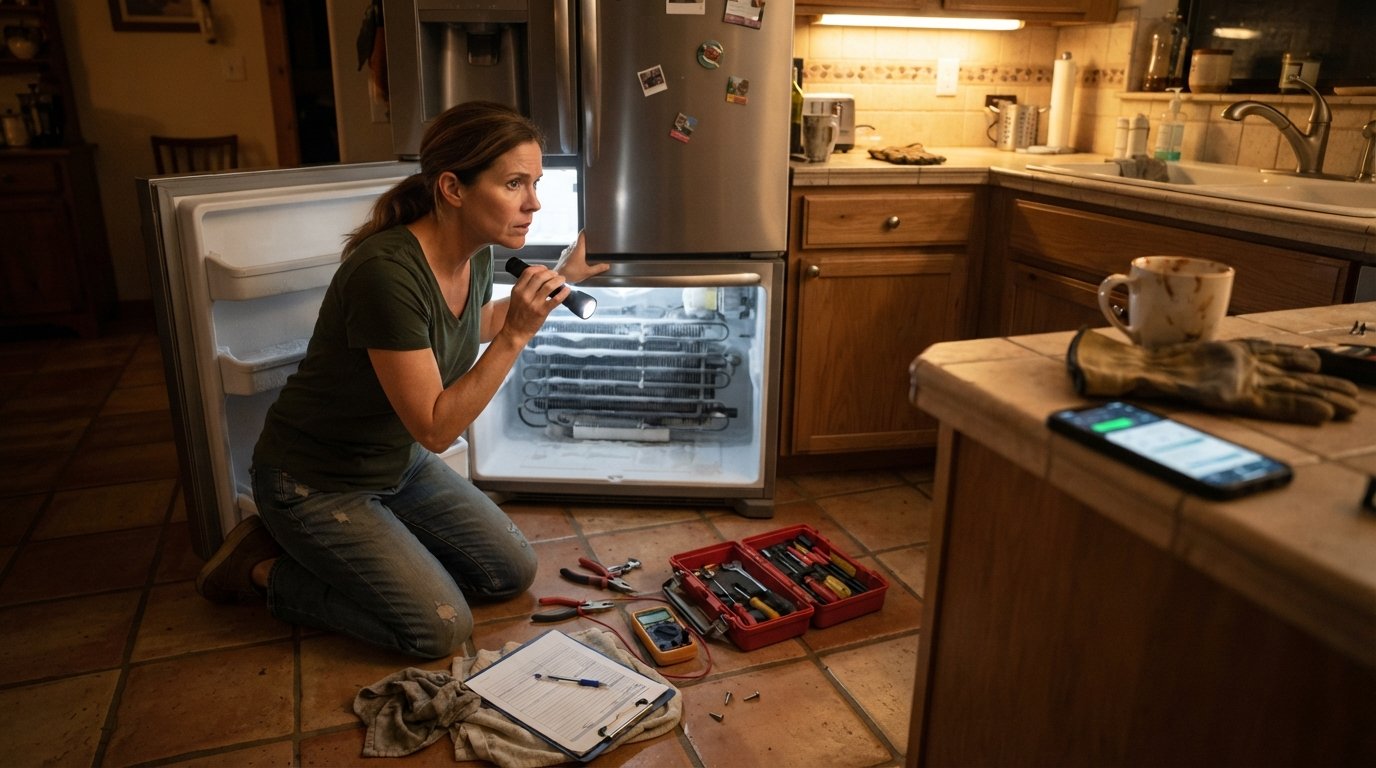 Worried homeowner kneeling on a kitchen floor shining a flashlight into an open refrigerator, with tools, a clipboard, and…