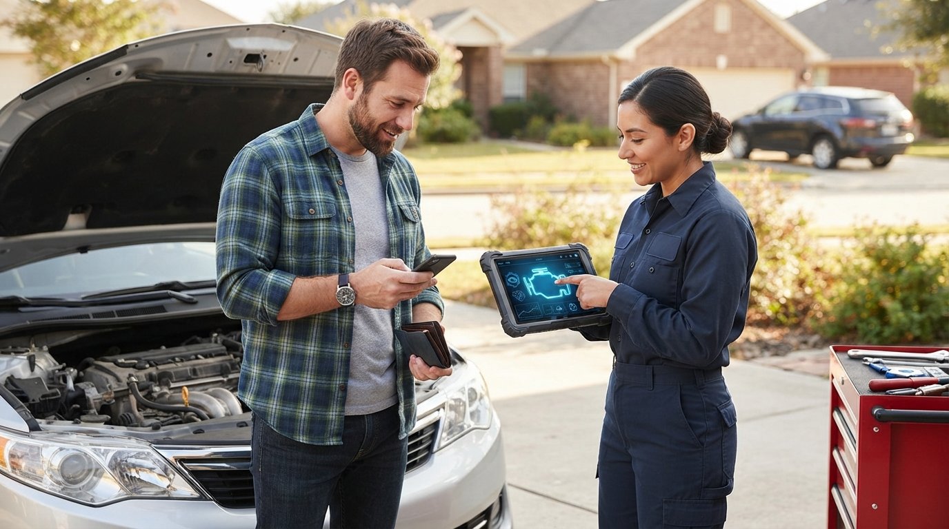 Man in plaid shirt looks at his phone while a female mechanic points to a diagnostic tablet beside his open car hood in a…