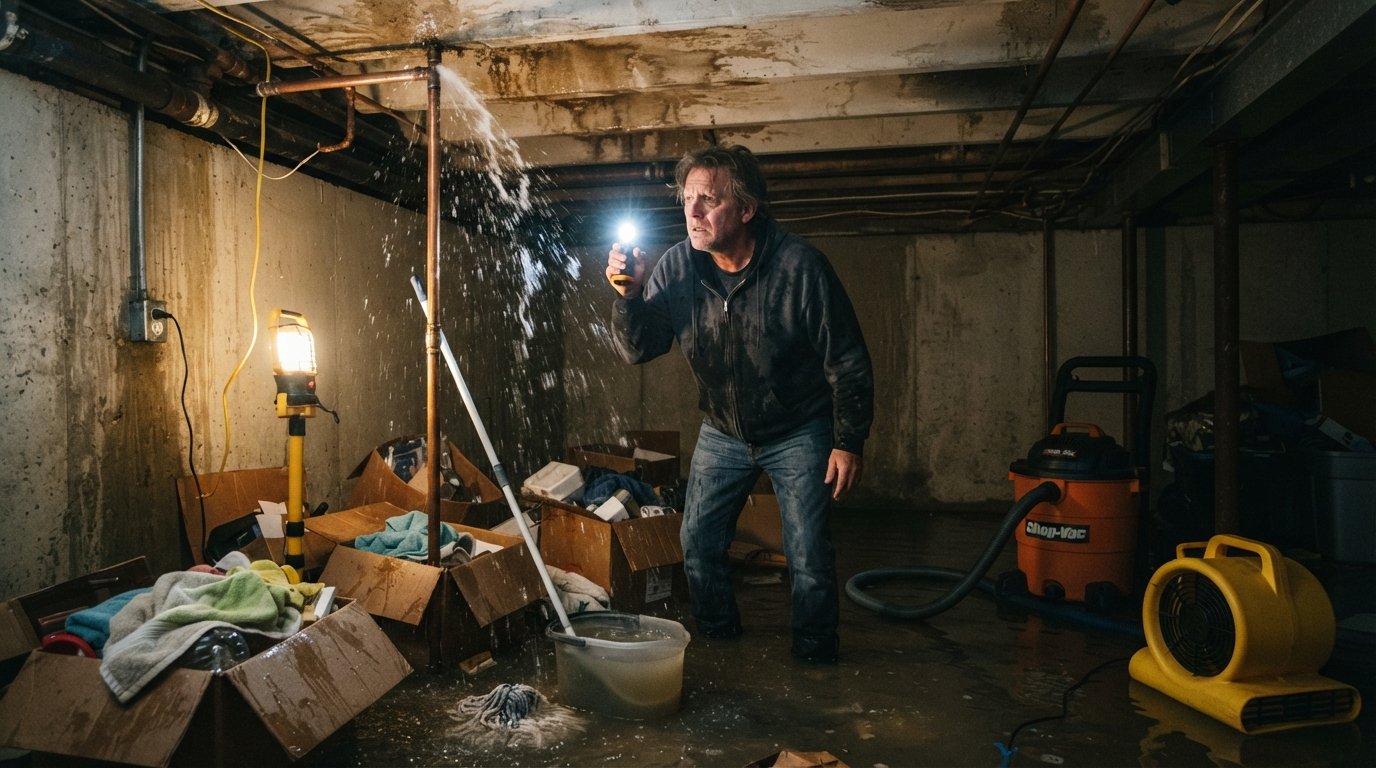 Worried homeowner with flashlight examining a spraying burst copper pipe in a flooded basement, mop and bucket nearby