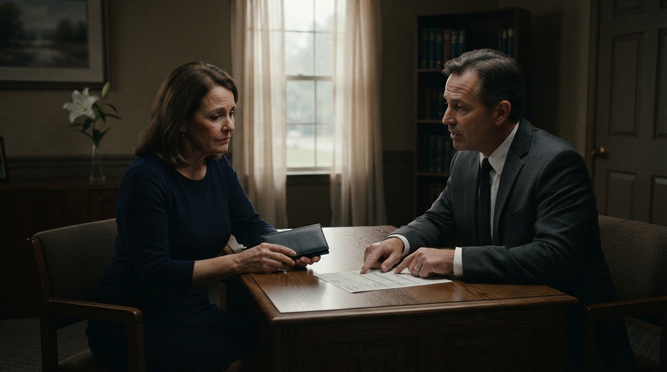Middle-aged woman holding a checkbook while a funeral director points to an itemized document on a desk in a dim parlor