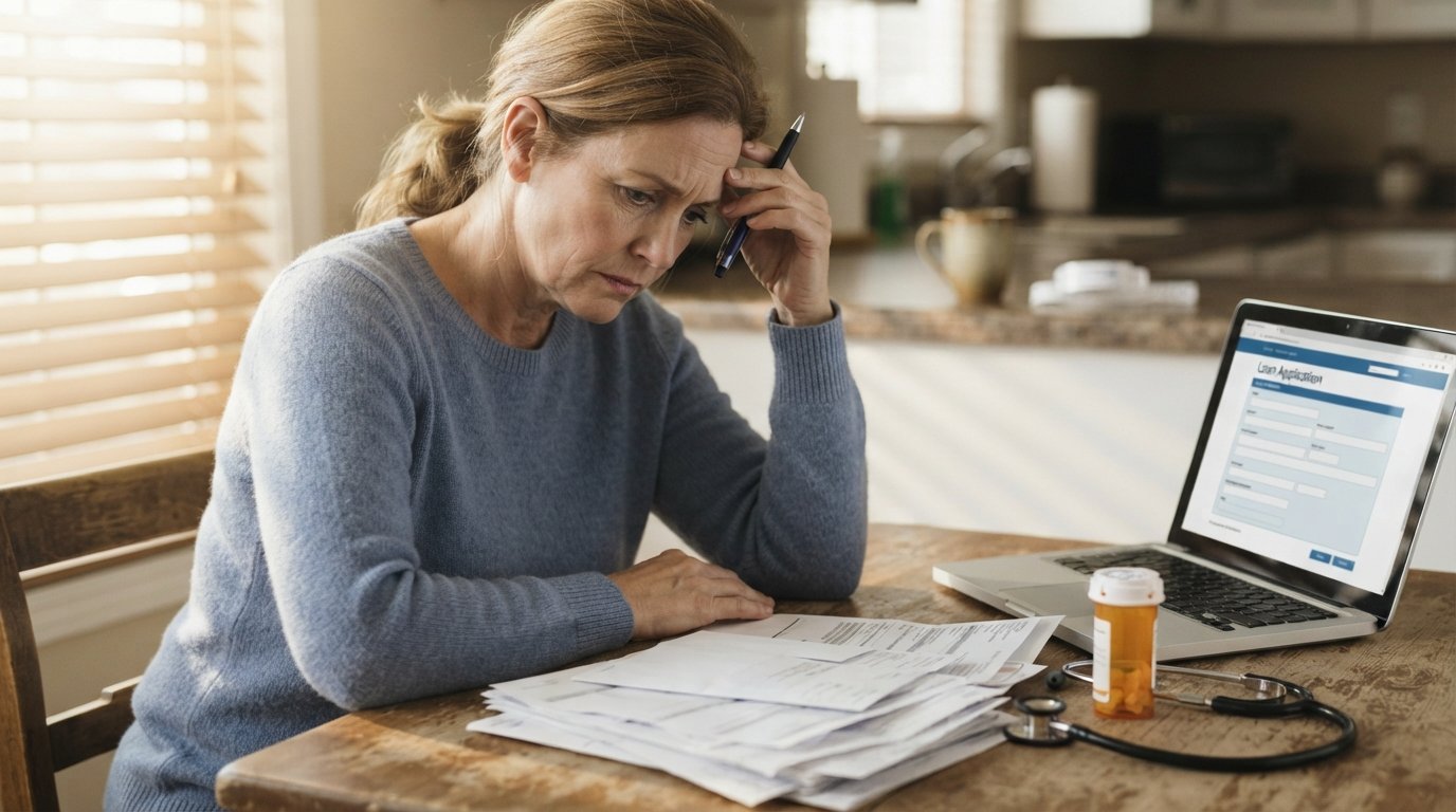 Worried woman in a blue sweater holds a pen over medical bills at a kitchen table beside a stethoscope, pill bottle, and…