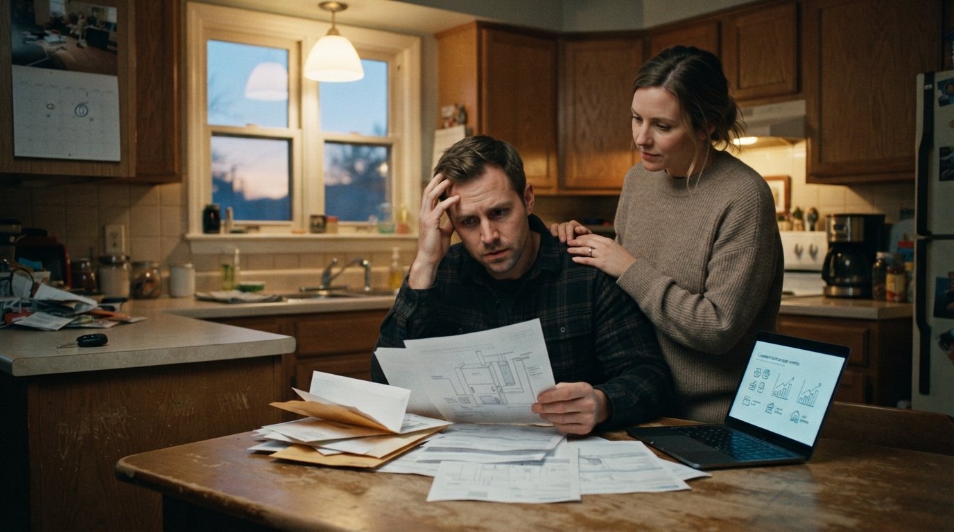 Father at kitchen table reviewing bills and a furnace estimate while his partner offers support, laptop showing loan…